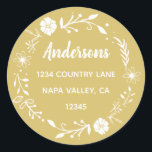 Gold and White Floral Wreath Return Address Classic Round Sticker<br><div class="desc">This customisable sticker featuring simple typography,  modern calligraphy and a rustic floral wreath.</div>