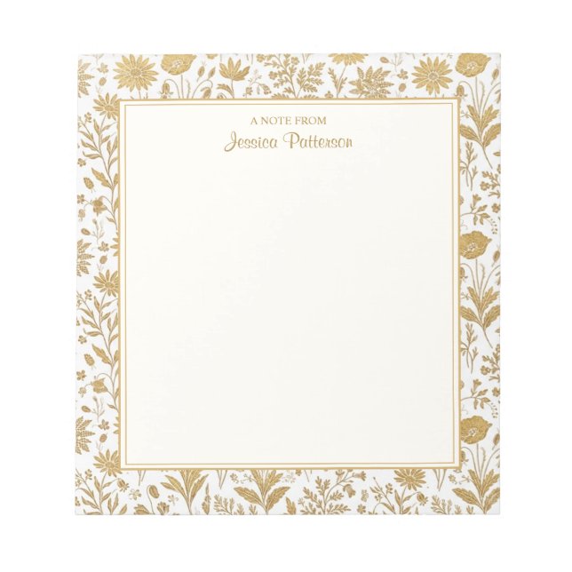 Gold and White Flower Toile Pattern Personalized Notepad (Front)