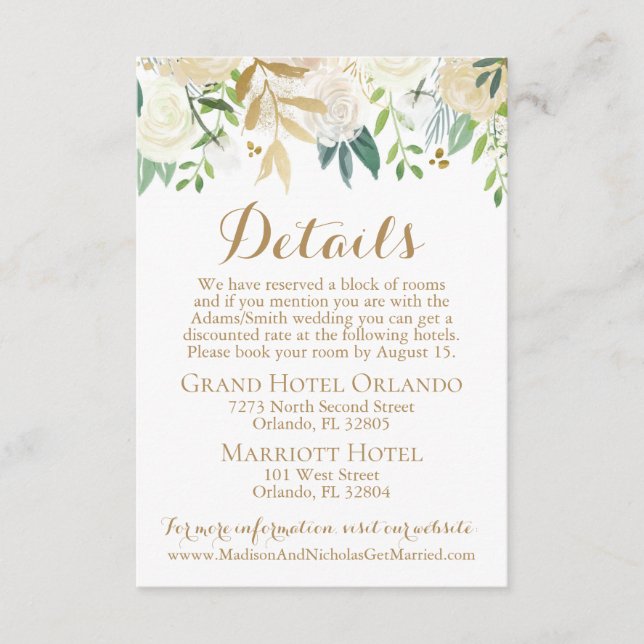 Gold and White Flower Wedding Details Card Inserts (Front)