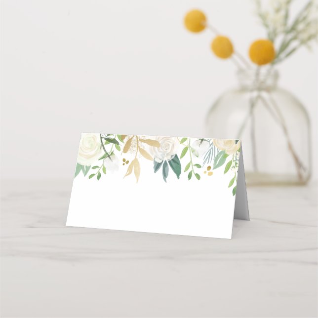 Gold and White Flower Wedding Food Label Cards (Front)