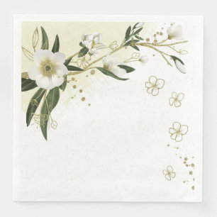 gold and white flowers green leaves wedding napkin