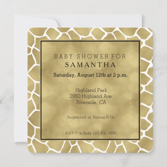 Gold and White Giraffe Print Baby Shower Invitation (Front)