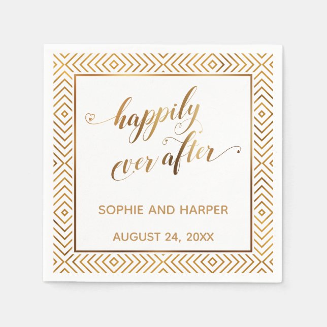 Gold and White Happily Ever After, Hearts Diamonds Napkin (Front)