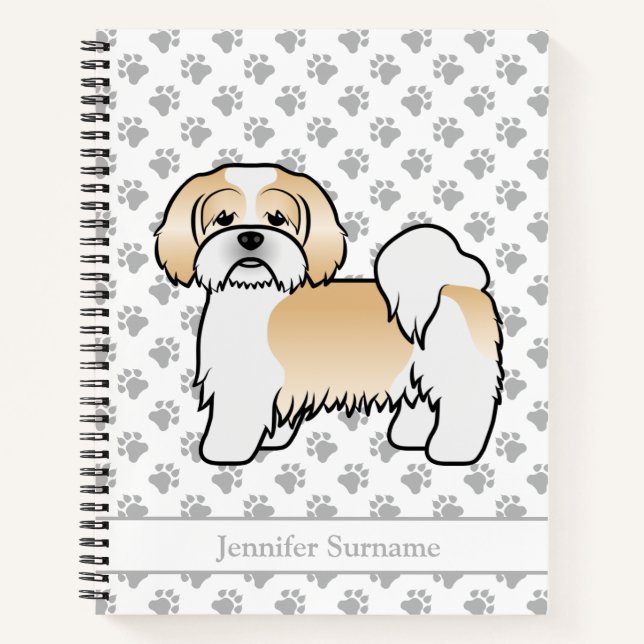 Gold And White Lhasa Apso Cartoon Dog & Name Notebook (Front)
