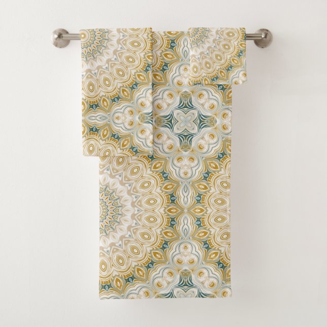 Gold and White Mandala Pattern with Teal Accents Bath Towel Set (Insitu)
