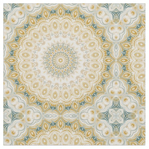 Gold and White Mandala Pattern with Teal Accents Fabric