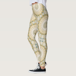 Gold and White Mandala Pattern with Teal Accents Leggings