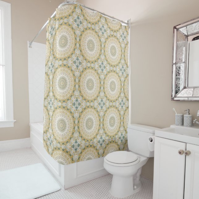 Gold and White Mandala Pattern with Teal Accents Shower Curtain (In Situ)