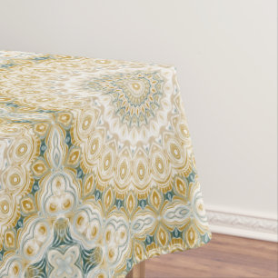 Gold and White Mandala Pattern with Teal Accents Tablecloth