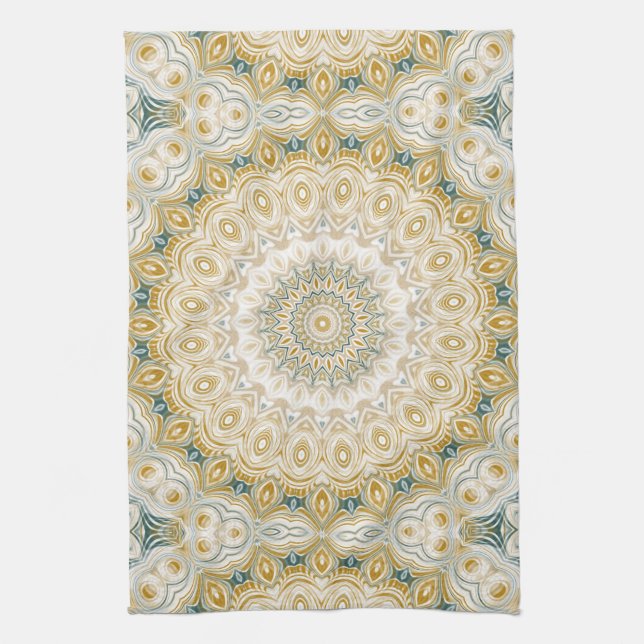 Gold and White Mandala Pattern with Teal Accents Tea Towel (Vertical)