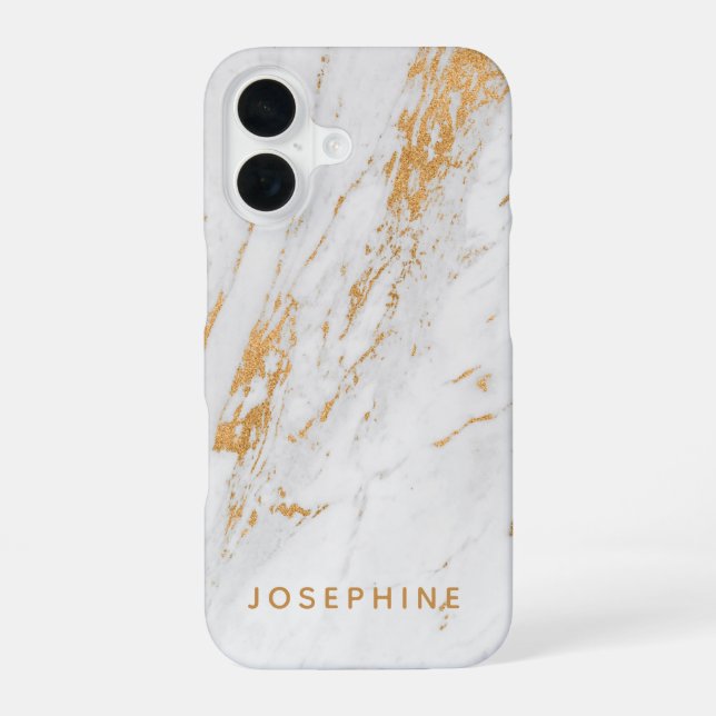 Gold and White Marble Pattern Personalised Name iPhone 16 Case (Back)
