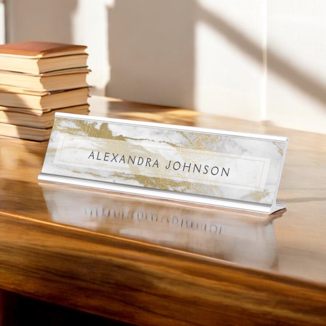 Gold and White Marble Professional Modern Desk Name Plate (Creator Uploaded)