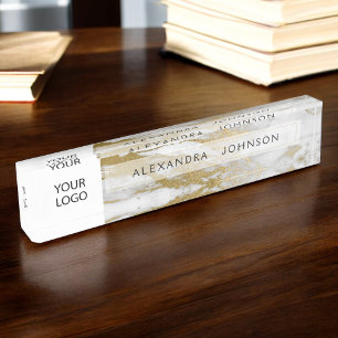 Gold and White Marble Professional Modern Nameplate