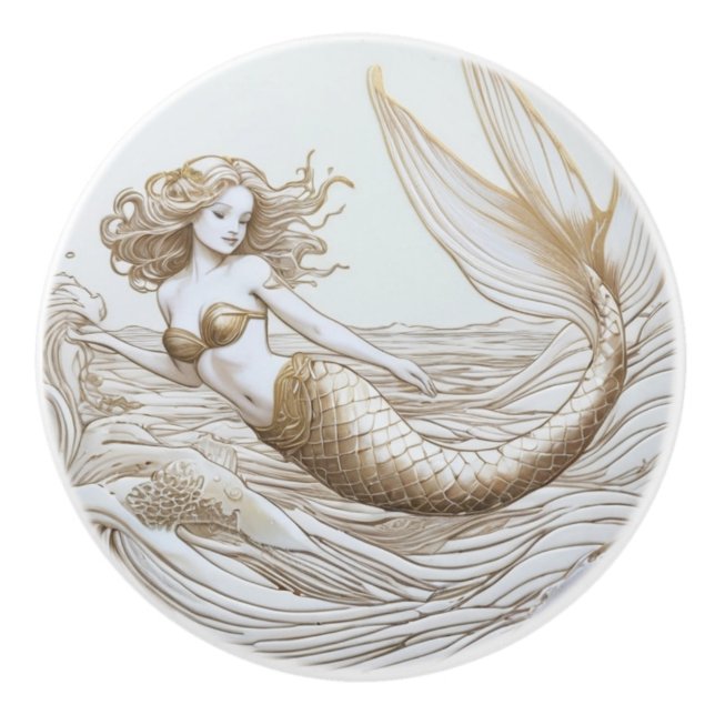 Gold and White Mermaid & Ocean Waves Left facing Ceramic Knob (Front)