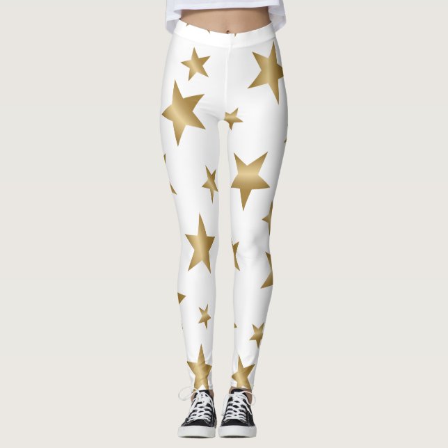 gold and white metallic stars fashion leggings (Front)