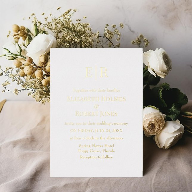 Gold and White Monogram Custom Photo Wedding  (Gold and White Monogram Custom Photo Wedding Foil on a table with a white rose bouquet.)