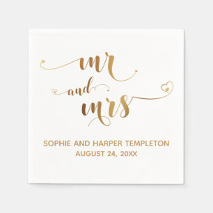 Gold and White Mr and Mrs Calligraphy with Hearts Napkin