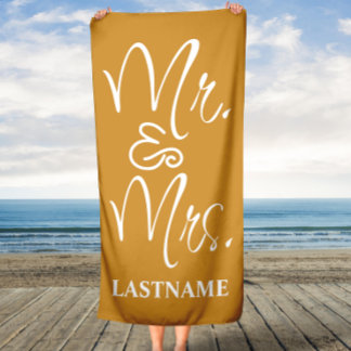Gold and White Mr. And Mrs. Custom Beach Towel