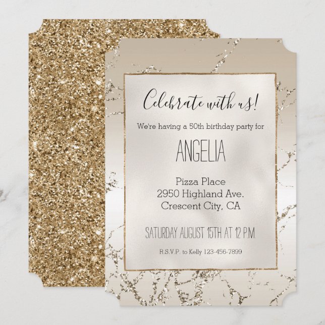 Gold and White Ombre Marble Glitz Invitation (Front/Back)