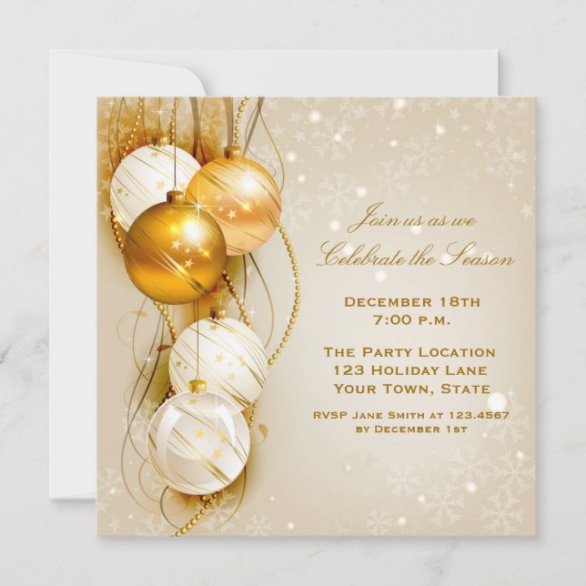 Gold and White Ornaments Holiday Invitation (Front)