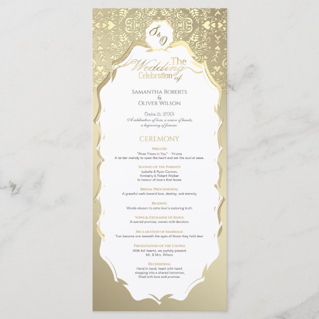 Gold and White ornate Monogram Wedding Program Programme (Front)