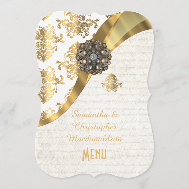 Gold and white parchment damask wedding menu (Front)