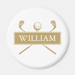 Gold And White Personalised Name Golf Ball Clubs Magnet