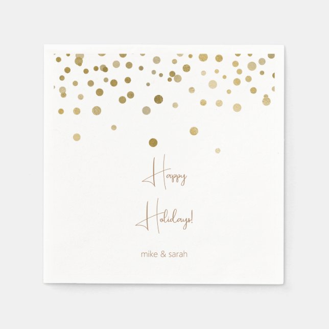 Gold and White PersonalizedHappy Holidays Cocktail Napkin (Front)
