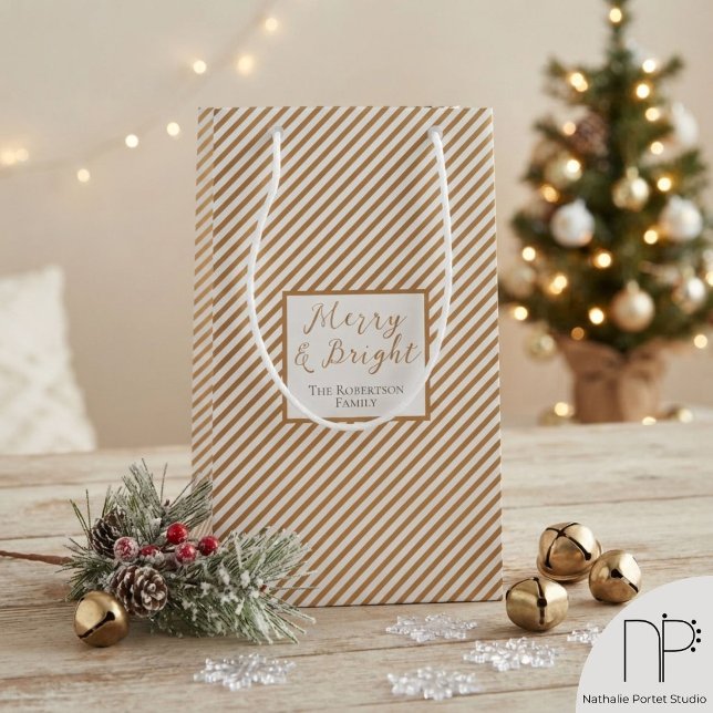 Gold and White Pinstripe Bag (This elegant gold and white pinstripe gift bag features a chic and timeless pattern.)