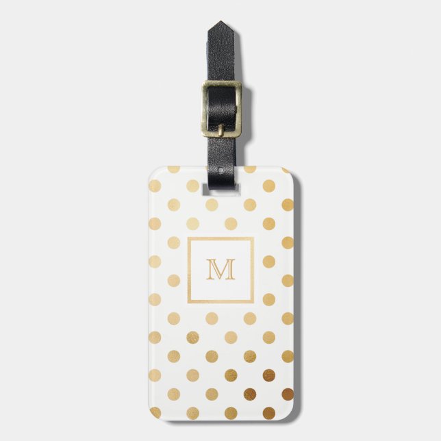 Gold and White Polka Dot Luggage Tag (Front Vertical)