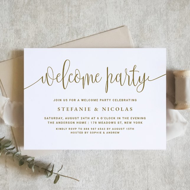 Gold and White Pretty Calligraphy Welcome Party Invitation (Creator Uploaded)