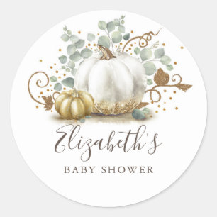 Gold and White Pumpkin Fall Baby Shower Classic Round Sticker