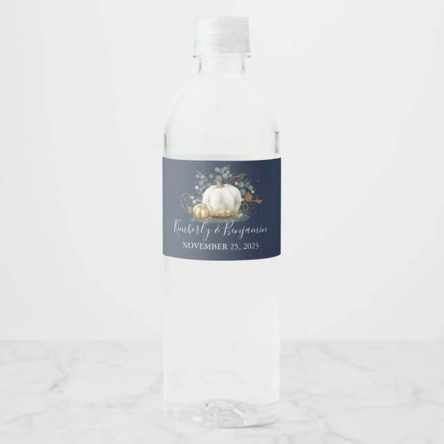 Gold and White Pumpkin Fall Wedding Navy Blue Water Bottle Label (Front)