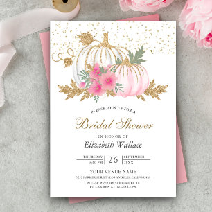 Gold and White Pumpkin Pink Floral Bridal Shower Invitation