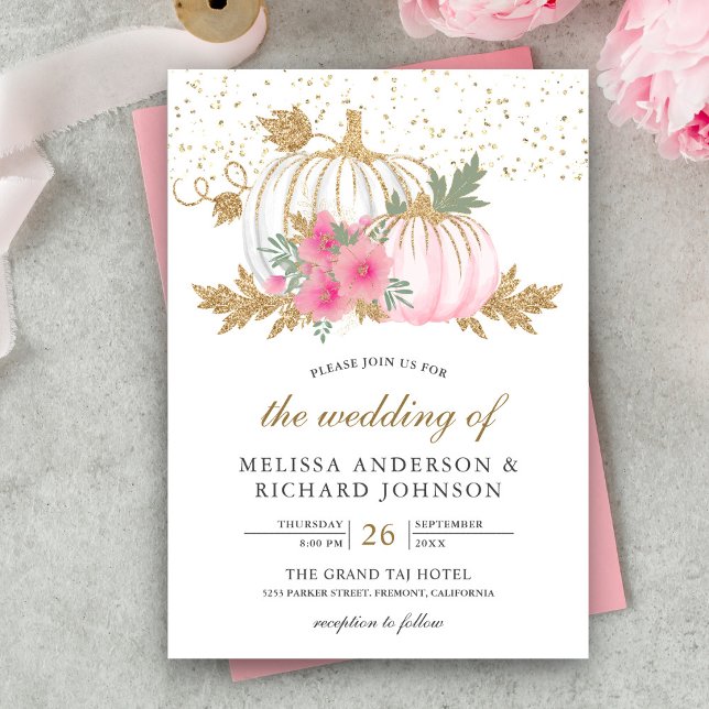 Gold and White Pumpkin Pink Floral Fall Wedding Invitation (Creator Uploaded)
