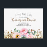 Gold and White Pumpkin Pink Floral Save the Date Announcement Postcard<br><div class="desc">Fall harvest pumpkins and blush pink flowers save the date postcards</div>