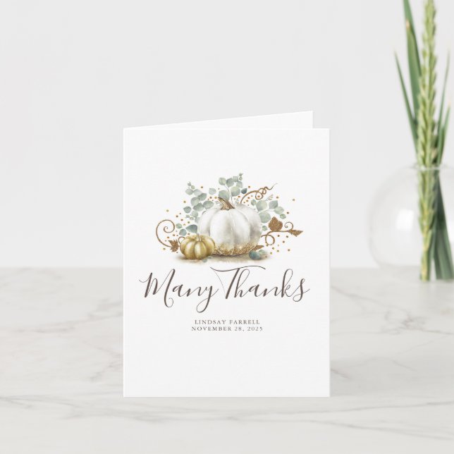 Gold and White Pumpkins Fall Baby Shower Thank You Card (Front)