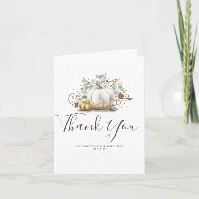 Gold and White Pumpkins Fall Birthday Thank You Card (Front)