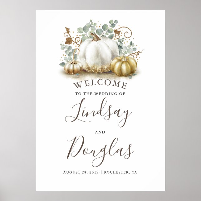 Gold and White Pumpkins Fall Wedding Welcome Sign (Front)