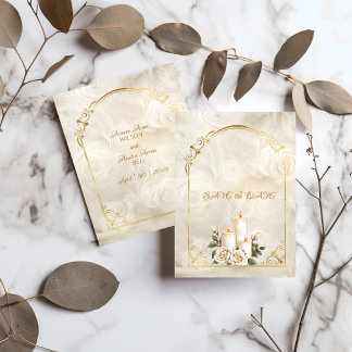 Gold and White Roses Arch Frame Candlelight Save The Date