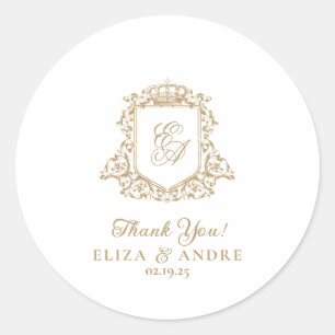 Gold and White Royal Monogram Crest Wedding  Classic Round Sticker