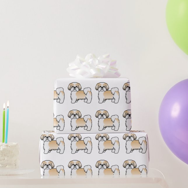 Gold And White Shih Tzu Cartoon Dog Pattern Wrapping Paper (Party Gifts)