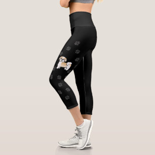 Gold And White Shih Tzu Cartoon Dog & Paws Capri Leggings