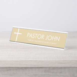 Gold and White Simple Cross Desk Name Plate