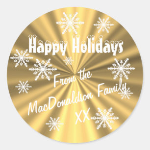 Gold and white snowflakes custom Happy holidays Classic Round Sticker