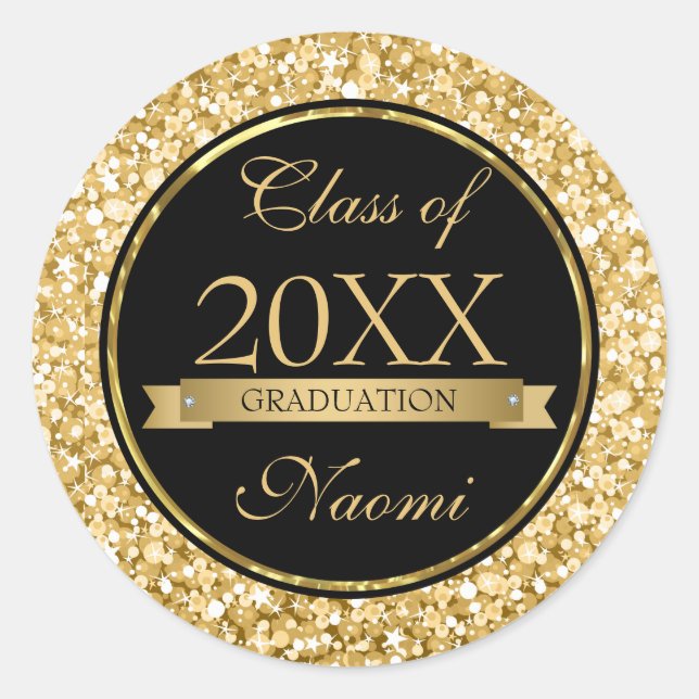 Gold And White Sparkling Glitter Black Circle Classic Round Sticker (Front)