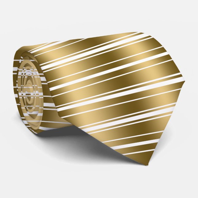 Gold And White Stripes Shiny Look Tie (Rolled)