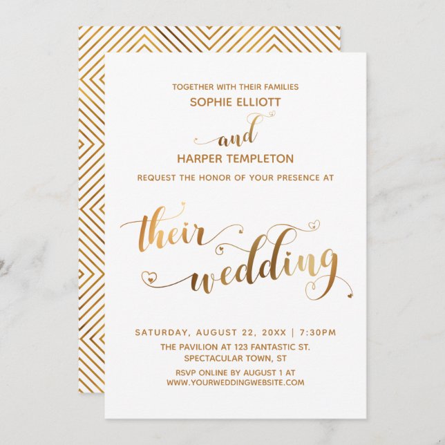 Gold and White Their Wedding Typography w/ Hearts Invitation (Front/Back)