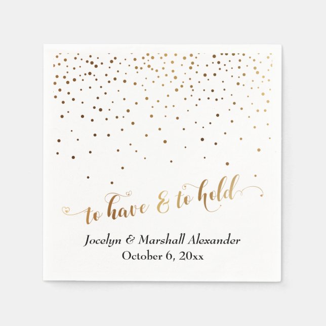 Gold and White To Have & To Hold Hearts Confetti Napkin (Front)