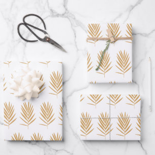 Gold and White Tropical Palm Leaves Pattern  Wrapping Paper Sheet